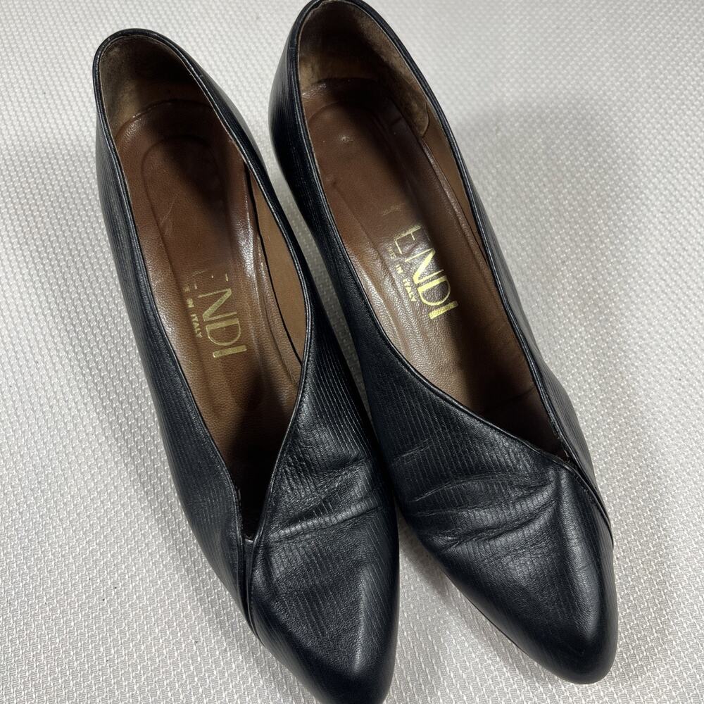 Fendi‎ Vtg Garolino Zucchino FF Logo Sculptural Heel Black Leather Pumps Sz 7.5